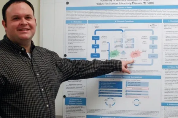 Jeremiah Fugate, recent graduate of the mechanical engineering master's program at the University of Kentucky, won first prize in the research poster session at the 7th International Conference on Forest Fire Research in Coimbra, Portugal, held Nov. 17-21.