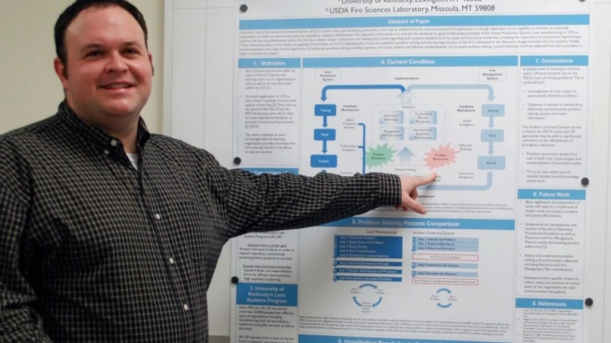 Jeremiah Fugate, recent graduate of the mechanical engineering master's program at the University of Kentucky, won first prize in the research poster session at the 7th International Conference on Forest Fire Research in Coimbra, Portugal, held Nov. 17-21.